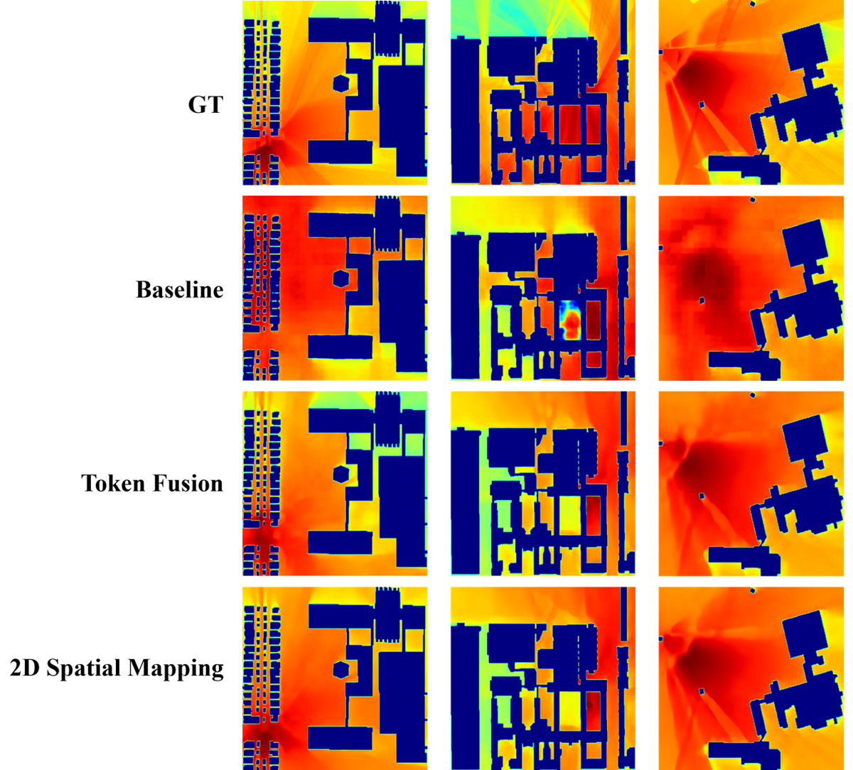 EMF predictions: ground truth, baseline, token fusion, and 2D spatial mapping